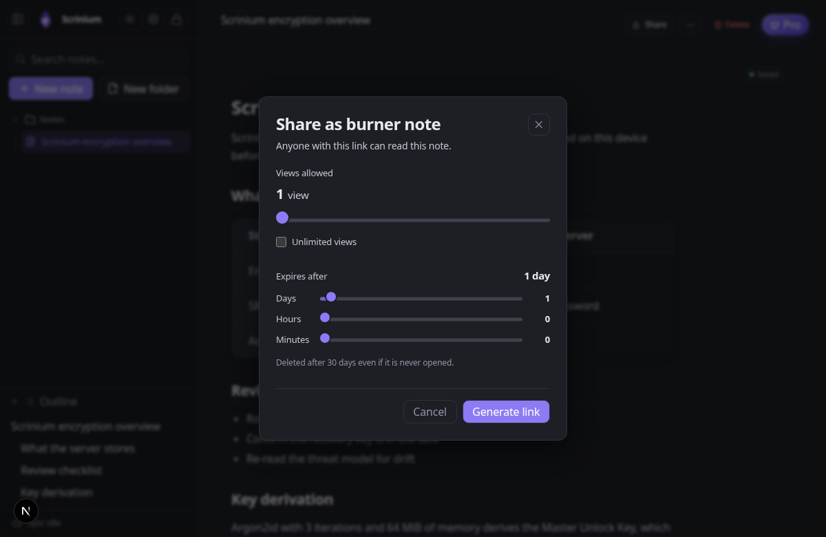 Scrinium’s Share as burner note dialog with view count and expiry options