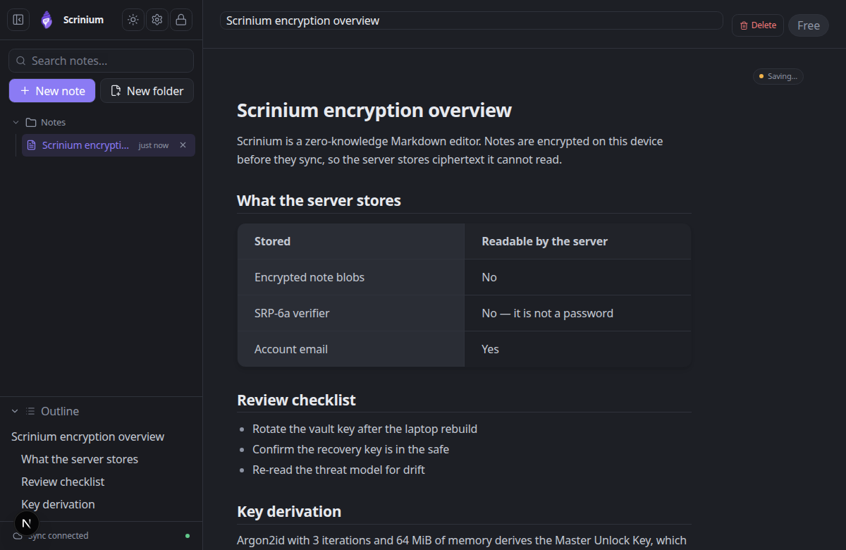 Scrinium’s encrypted Markdown editor showing a note with headings, a table, a task list and a code block rendered inline as you type