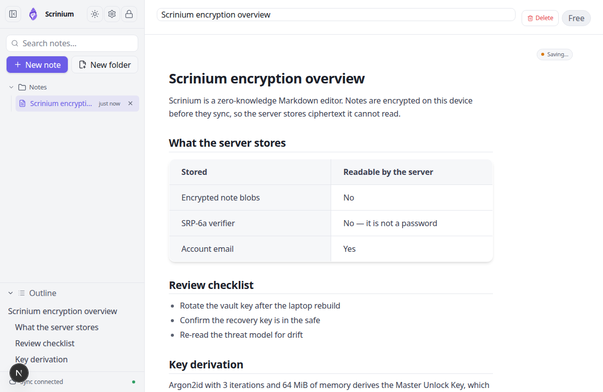 Scrinium’s Markdown editor in light mode with a table, a task list, a math block and syntax-highlighted code